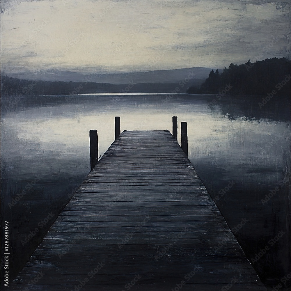Naklejka premium Serene Lake Landscape: Tranquil Dock and Misty Horizon