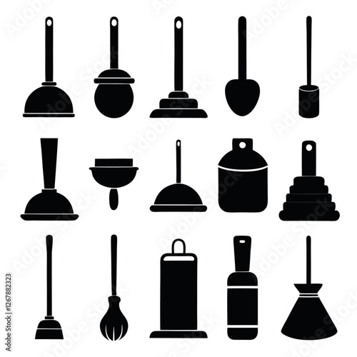 Collection of Silhouetted Plumbing Tools and Accessories