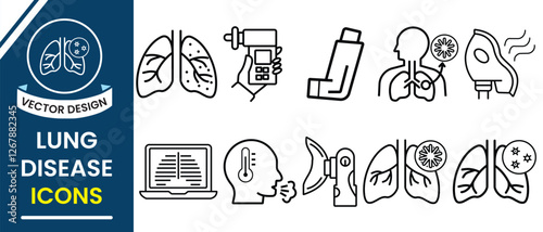 Lung disease icons vector set. Lung disease such as bronchial asthma, cough, bronchitis, oxygen mask, spirometry and more. Vector illustration.