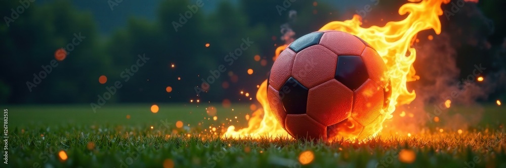 Fototapeta premium A football shaped flame rises from a football field as it burns fiercely in the background , fiery football shape, burning field, fire