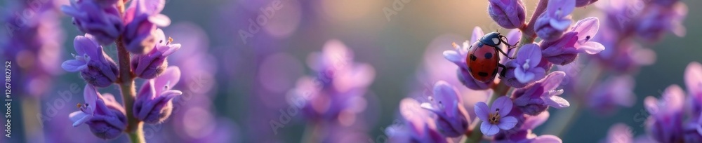 Fototapeta premium A ladybug nestled among lavender flowers, soft colors and intricate patterns, calming, lavender, nature