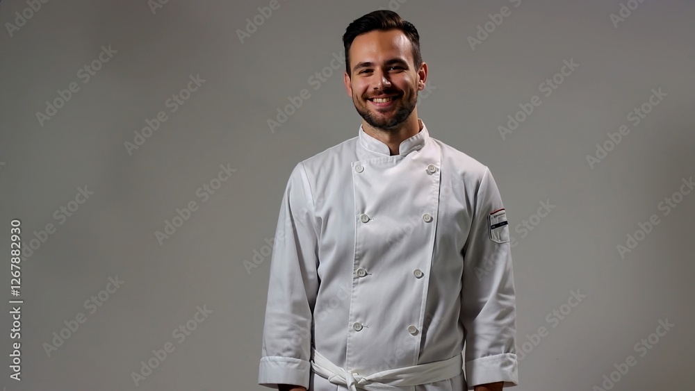 Fototapeta premium Skilled culinary professional wearing crisp white chef uniform, standing confidently with warm smile, embodying kitchen mastery against neutral gray backdrop
