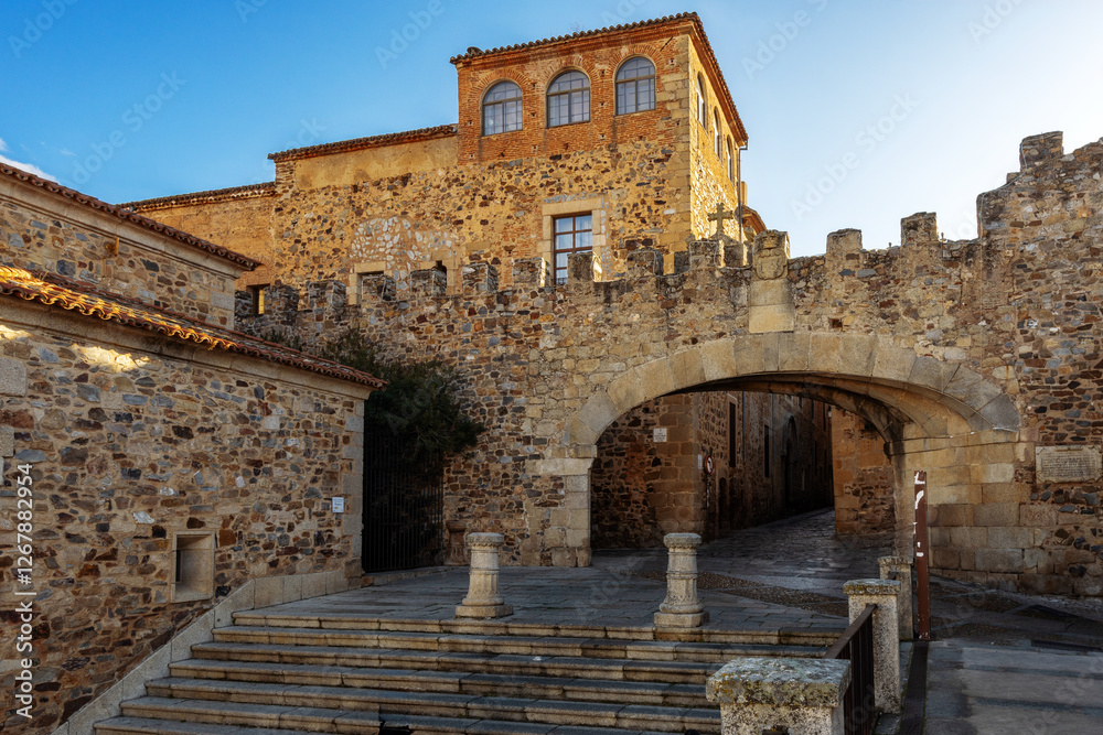 Bujaco Tower and Steps leading to the Arch of the Star, Old Town Caceres Bujaco Tower and Steps leading to the Arch of the Star, Old Town Caceres