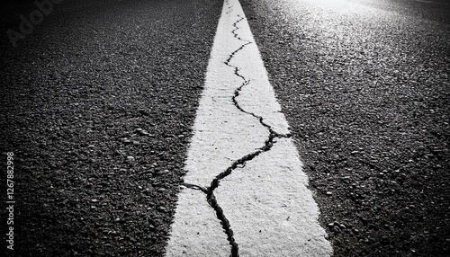 cracked white line dividing asphalt road in black and white