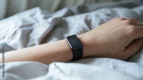 Close-up of hand wearing smartwatch on bed with soft gray blanket