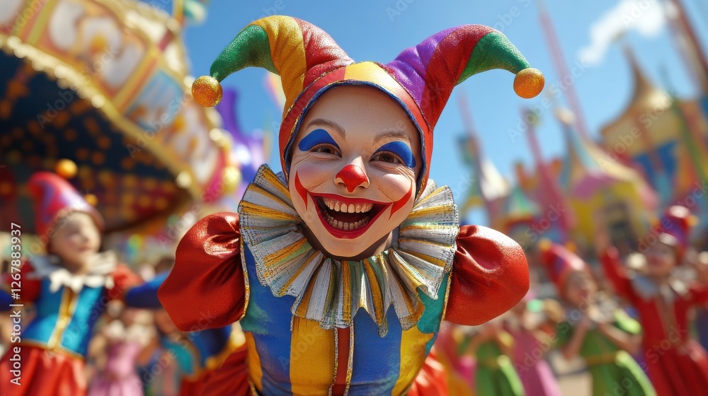 A colorful clown smiles brightly in a festive atmosphere, surrounded by performers, creating a lively and joyful scene. A colorful clown smiles brightly in a festive atmosphere, surrounded by performers, creating a lively and joyful scene.