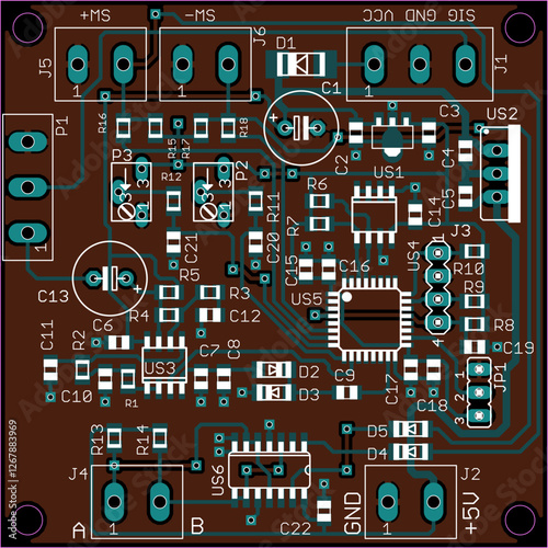Vector printed circuit board of electronic device with components of radio elements, conductors and contact pads placed on pcb. Engineering technical educational drawing. Computer technic cad design.