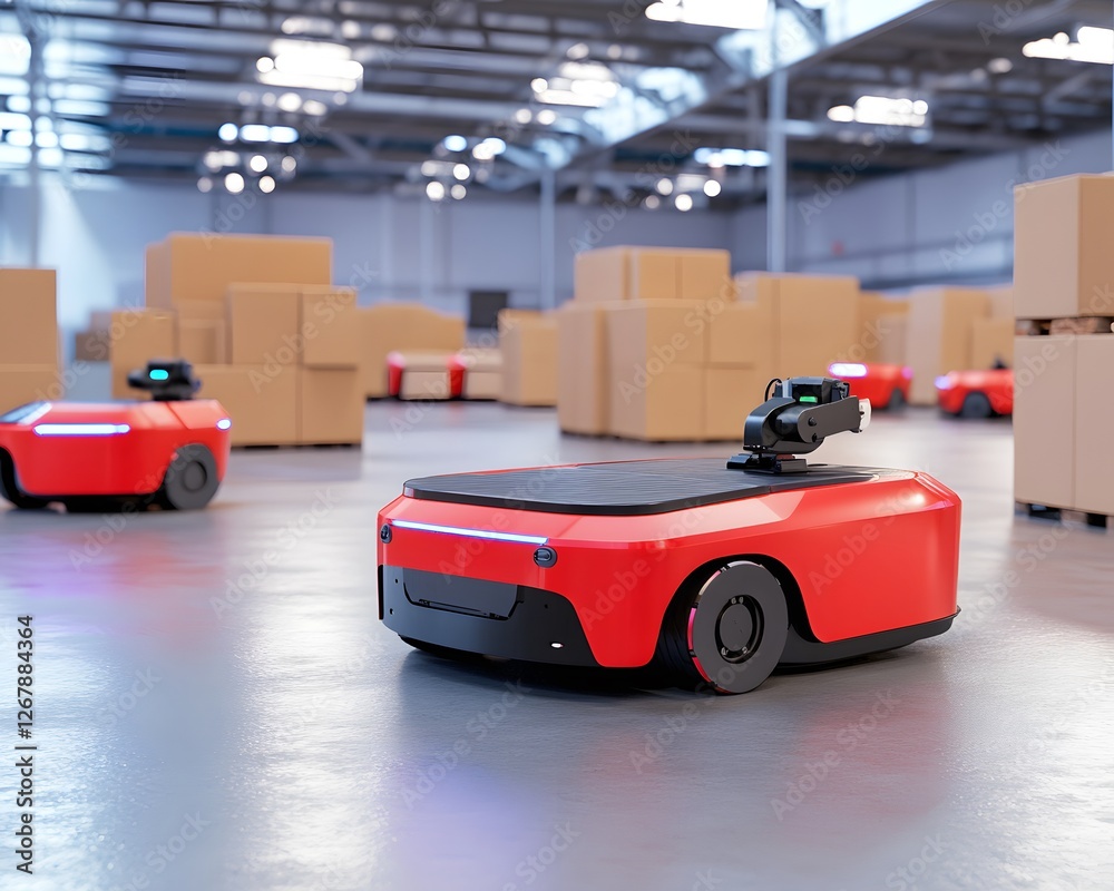 Fototapeta premium Automatic forklifts and robots move boxes efficiently in smart warehouses. realism enhances the sense of advanced technology and efficiency. Ideal for ads, smart logistics, or Industry 4.0 articles.