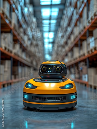 Automatic forklifts and robots move boxes efficiently in smart warehouses.  realism enhances the sense of advanced technology and efficiency. Ideal for ads, smart logistics, or Industry 4.0 articles. photo