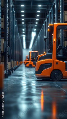 Automatic forklifts and robots move boxes efficiently in smart warehouses.  realism enhances the sense of advanced technology and efficiency. Ideal for ads, smart logistics, or Industry 4.0 articles. photo