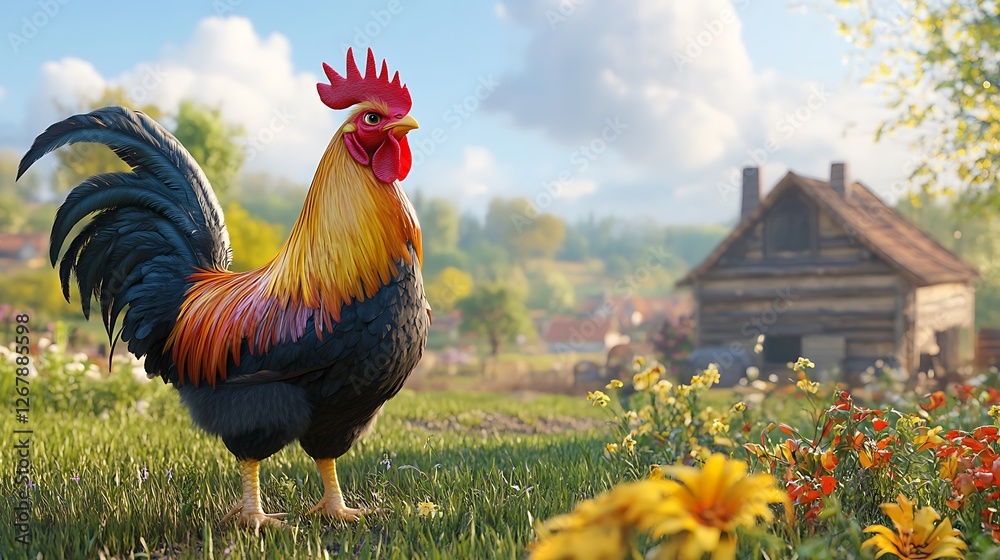 Radiant Rooster with Fiery Red and Gold Plumage