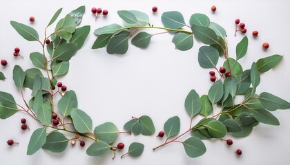 frame borders made of eucalyptus populus leaves with fruits in the form of berries on white background flat lay top view floral concept