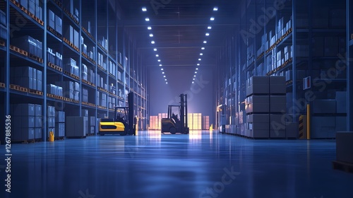 Automatic forklifts and robots move boxes efficiently in smart warehouses.  realism enhances the sense of advanced technology and efficiency. Ideal for ads, smart logistics, or Industry 4.0 articles. photo