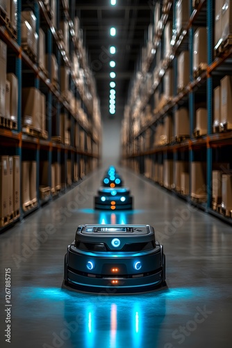 Automatic forklifts and robots move boxes efficiently in smart warehouses.  realism enhances the sense of advanced technology and efficiency. Ideal for ads, smart logistics, or Industry 4.0 articles. photo