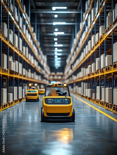 Automatic forklifts and robots move boxes efficiently in smart warehouses.  realism enhances the sense of advanced technology and efficiency. Ideal for ads, smart logistics, or Industry 4.0 articles. photo