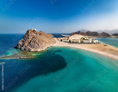 snoopy island in fujairah uae aerial view of the beach with turquoise waters a rocky island and a resort nearby
