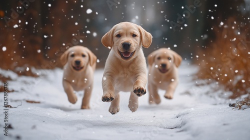 adorable golden retriever puppies running through a snow-covered forest path, fluffy and happy dogs enjoying a winter adventure in nature