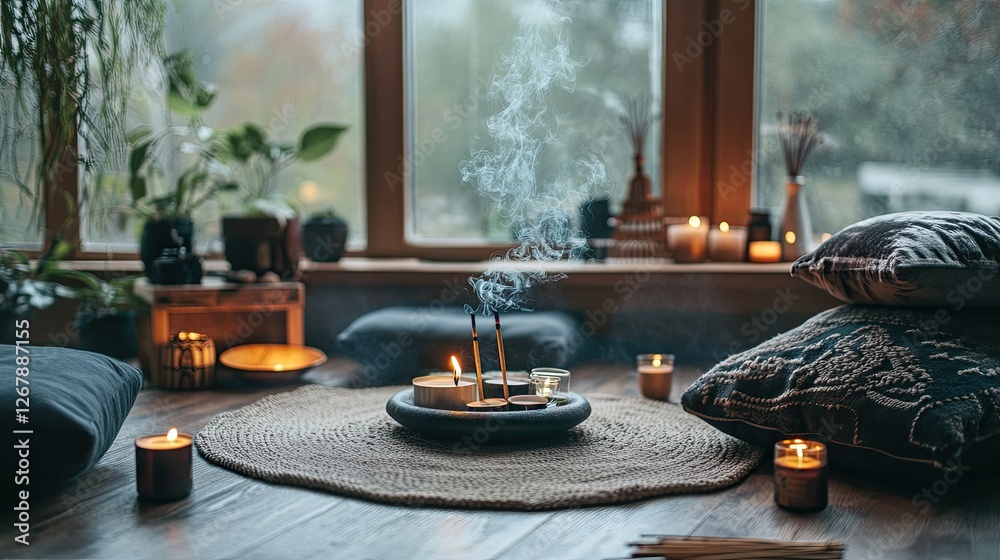 Fototapeta premium A cozy meditation corner with cushions, candles, and incense, inviting relaxation and mindfulness. -