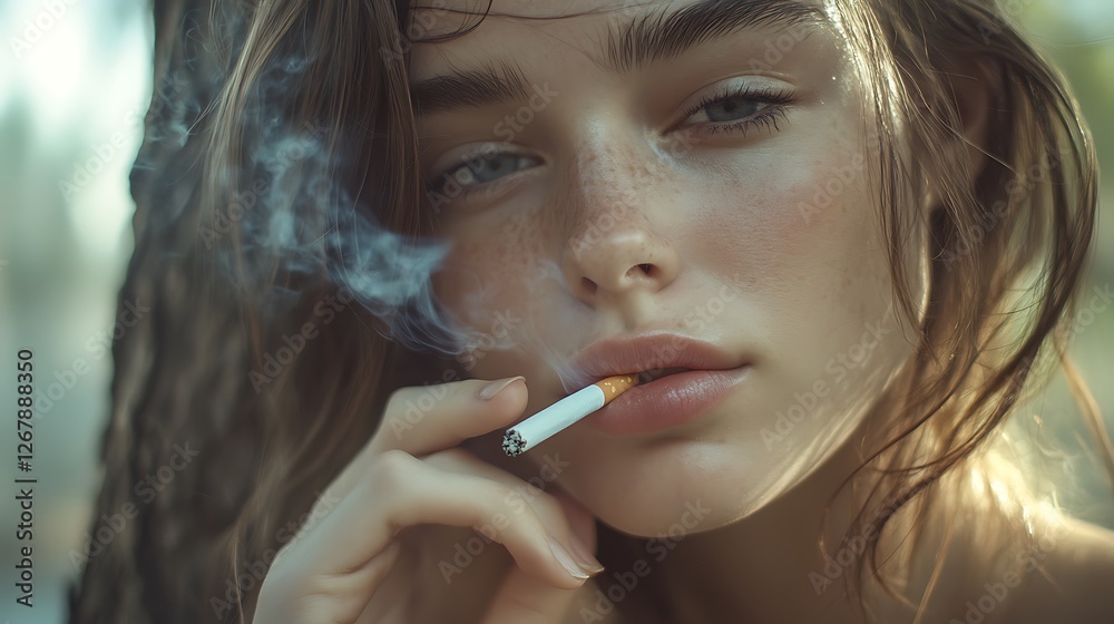 Young woman smoking a cigarette in the natural outdoors. Young woman smoking a cigarette in the natural outdoors.