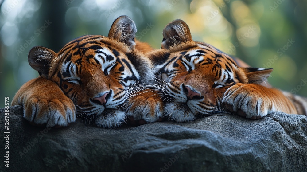 Obraz premium lazy tiger and lion resting side by side on a rock in the zoo, sleepy wild cats relaxing in the wilderness, majestic animals enjoying a peaceful and quiet moment