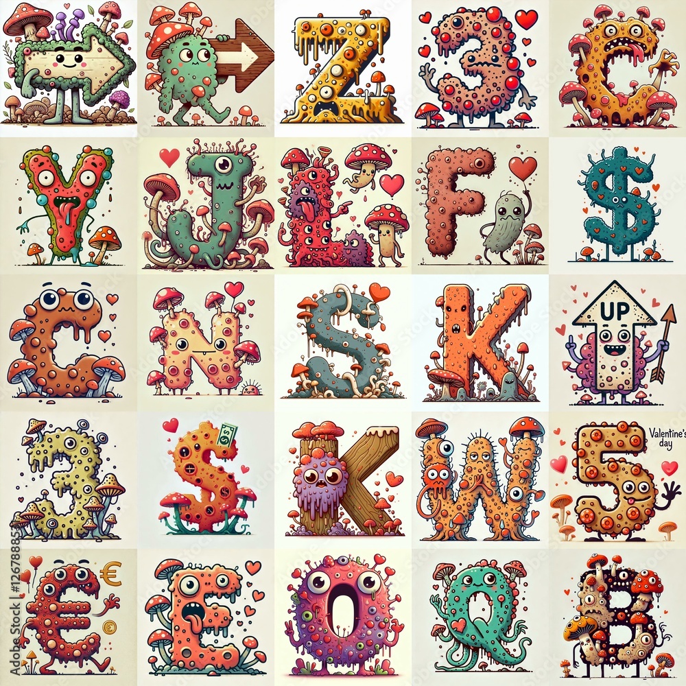 Obraz premium Cartoon Fungus Monster Lettering Typeface. Love concept. AI generated illustration