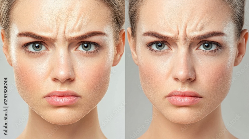 Young caucasian female expressing annoyance with furrowed brows. Cosmetic and Medical Injectables. Beauty injection, Anti-Wrinkle Young caucasian female expressing annoyance with furrowed brows. Cosmetic and Medical Injectables. Beauty injection, Anti-Wrinkle