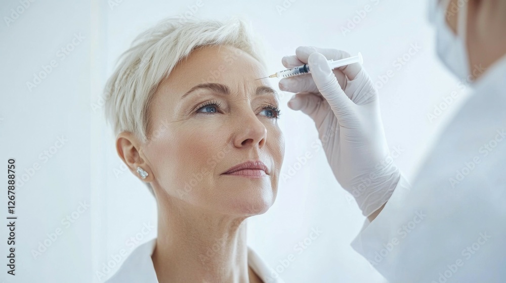 Mature caucasian woman receiving forehead injection from doctor. Cosmetic and Medical Injectables. Beauty injection, Anti-Wrinkle Mature caucasian woman receiving forehead injection from doctor. Cosmetic and Medical Injectables. Beauty injection, Anti-Wrinkle