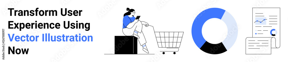 Woman shopping online via mobile, bar chart analytics, and report analysis. Ideal for e-commerce, data, user experience, analytics, technology, marketing data-driven decision-making flat landing Woman shopping online via mobile, bar chart analytics, and report analysis. Ideal for e-commerce, data, user experience, analytics, technology, marketing data-driven decision-making flat landing