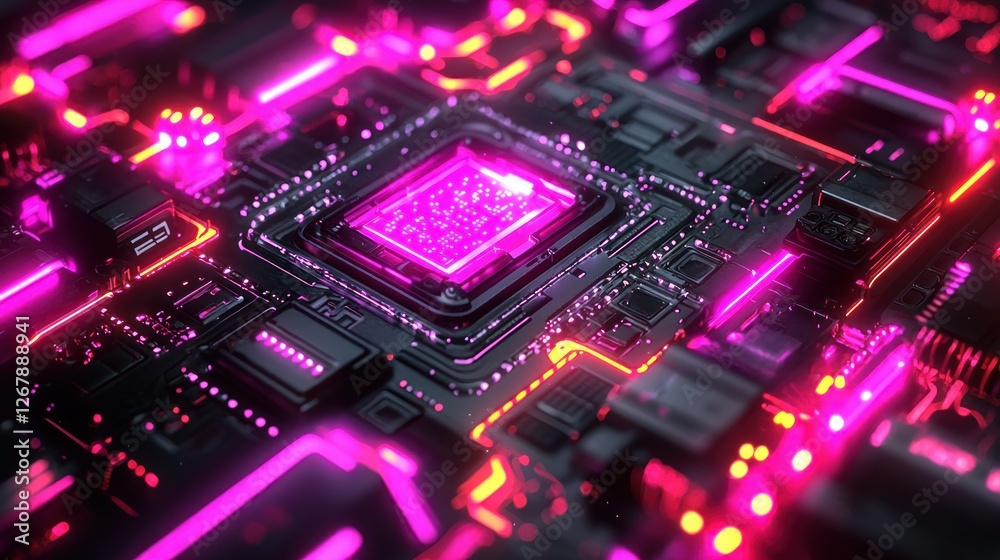 Close-up of a glowing CPU on a circuit board with neon lighting Close-up of a glowing CPU on a circuit board with neon lighting
