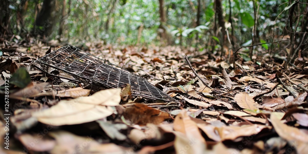 Fototapeta premium Abandoned Wire Trap on Forest Floor Surrounded by Fallen Leaves
