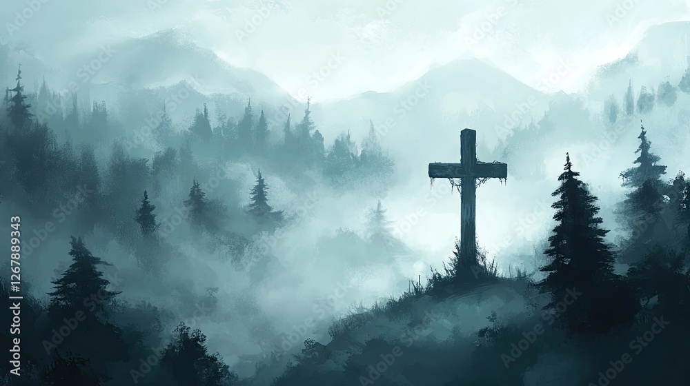 Obraz premium A misty morning scene with a towering cross emerging from the fog, symbolizing faith and mystery.