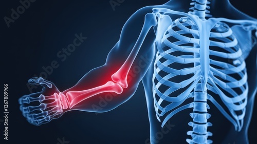 Illustration of an injured human arm skeleton with red inflammation