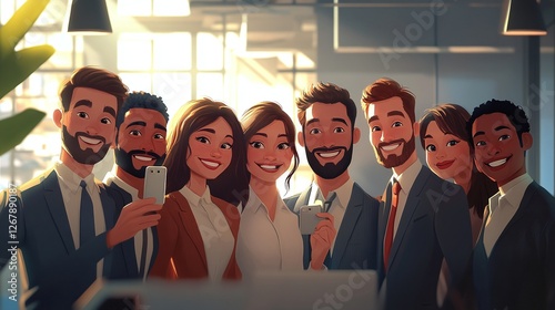 diverse team of male and female employees posing for a selfie in a modern office interior, smiling colleagues and professionals enjoying a friendly work environment