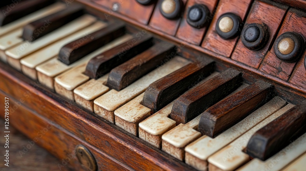 Close-up of antique wooden organ keys Close-up of antique wooden organ keys