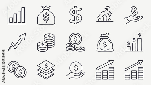 Financial profit set of web icons in line style. Money income linear icon collection. Containing money savings, finance, growth, investment, payment, earnings, management and more. Editable stroke