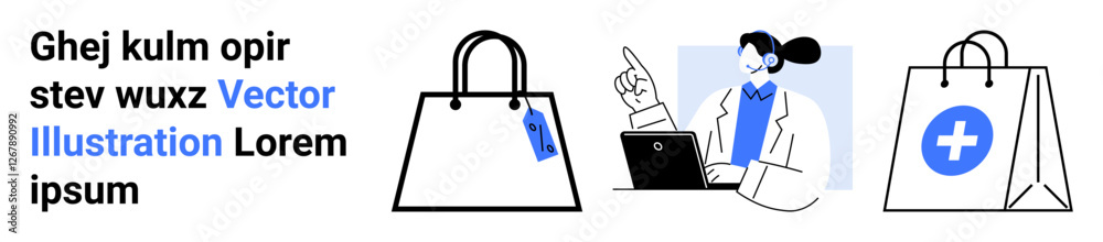 Businesswoman engaging in online consultation using a laptop, accompanied by retail shopping bags and a health cross symbol. Ideal for retail, e-commerce, medicine, technology, consulting, marketing Businesswoman engaging in online consultation using a laptop, accompanied by retail shopping bags and a health cross symbol. Ideal for retail, e-commerce, medicine, technology, consulting, marketing