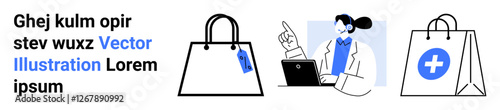 Businesswoman engaging in online consultation using a laptop, accompanied by retail shopping bags and a health cross symbol. Ideal for retail, e-commerce, medicine, technology, consulting, marketing