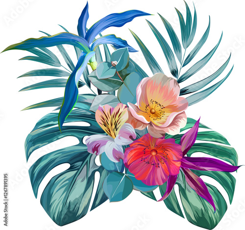 Bouquet of tropical flowers. Hibiscus, orchid, paradise flowers. exotic, tropical