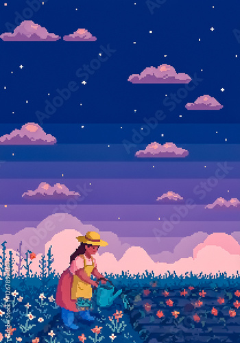 farmer woman against simple background ideal to use as negative space to add text, illustration in pixelated style photo