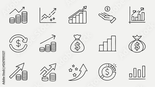 Financial profit set of web icons in line style. Money income linear icon collection. Containing money savings, finance, growth, investment, payment, earnings, management and more. Editable stroke