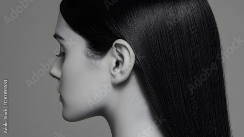 Profile of an individual with black hair. Close-up of face, ear, nose, and neck. Monochrome color scheme. Beauty and self-care themes.