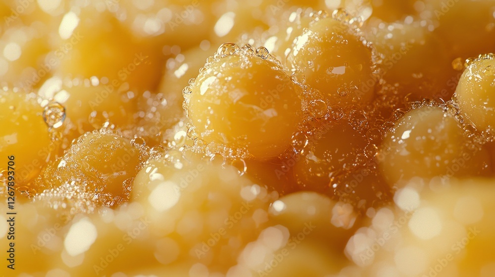 Close-up of golden tapioca pearls, bubbles rising in a cooking process, with blurred background Close-up of golden tapioca pearls, bubbles rising in a cooking process, with blurred background