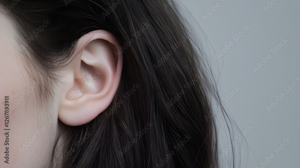 A close-up shot features a fair-skinned person's ear and dark brown hair against a soft, neutral background. The focus is on the ear's intricate details. A close-up shot features a fair-skinned person's ear and dark brown hair against a soft, neutral background. The focus is on the ear's intricate details.