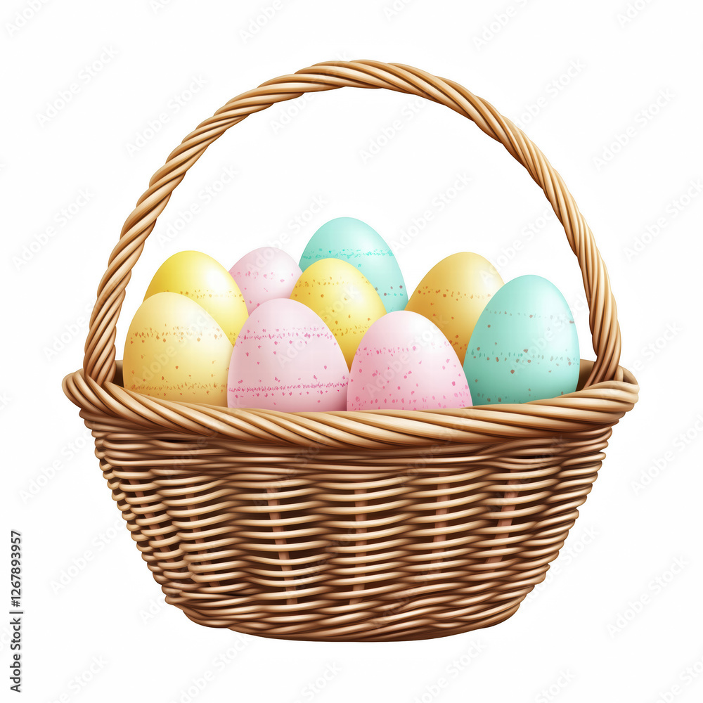 Naklejka premium Easter egg basket with colorful decorated eggs, festive holiday symbol. Isolated on transparent background. Generative Ai.