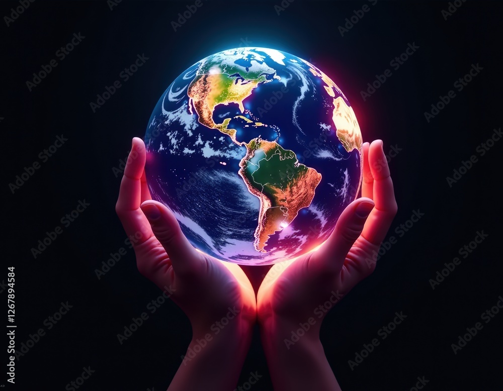 Glowing Earth Held in Hands - Global Unity, Sustainability Concept