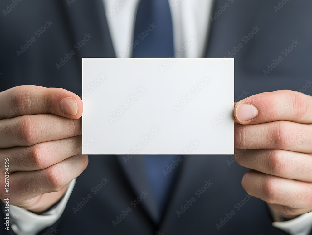 Blank Card Presentation: A person in a business suit holds up a blank white card, ready for a message or contact information. Professional and clean. Blank Card Presentation: A person in a business suit holds up a blank white card, ready for a message or contact information. Professional and clean.