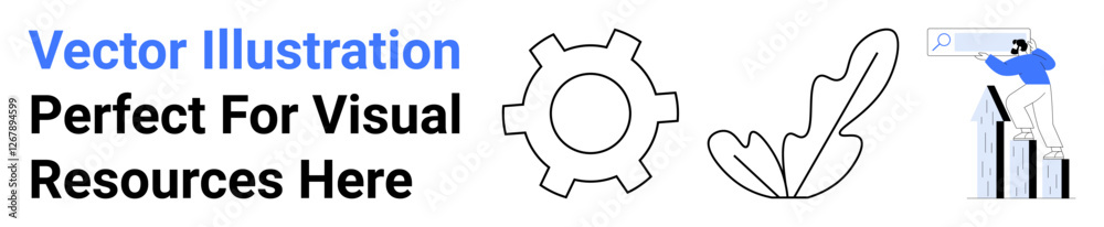 Gear and leaf symbols with a person analyzing bar chart using a magnifier. Ideal for technology, nature, analysis, sustainability, business growth, innovation, and digital tools flat landing page Gear and leaf symbols with a person analyzing bar chart using a magnifier. Ideal for technology, nature, analysis, sustainability, business growth, innovation, and digital tools flat landing page