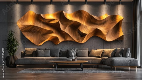 Fototapeta Naklejka Na Ścianę i Meble -  3d rendering of large wall art sculpture hanging on the wall in modern living room, adding to the modern interior decor.