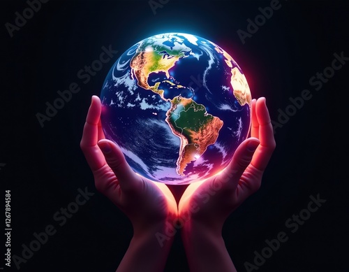 Obraz na płótnie Glowing Earth Held in Hands - Global Unity, Sustainability Concept w salonie