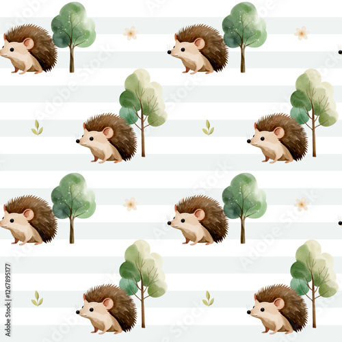 Cute seamless pattern with watercolor hedgehog and trees. Forest wildlife backgrounds. Watercolor woodland